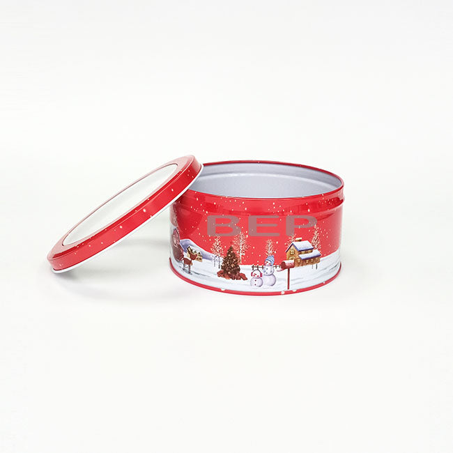 Festive Red Windowed Round Tin for Holiday Delights