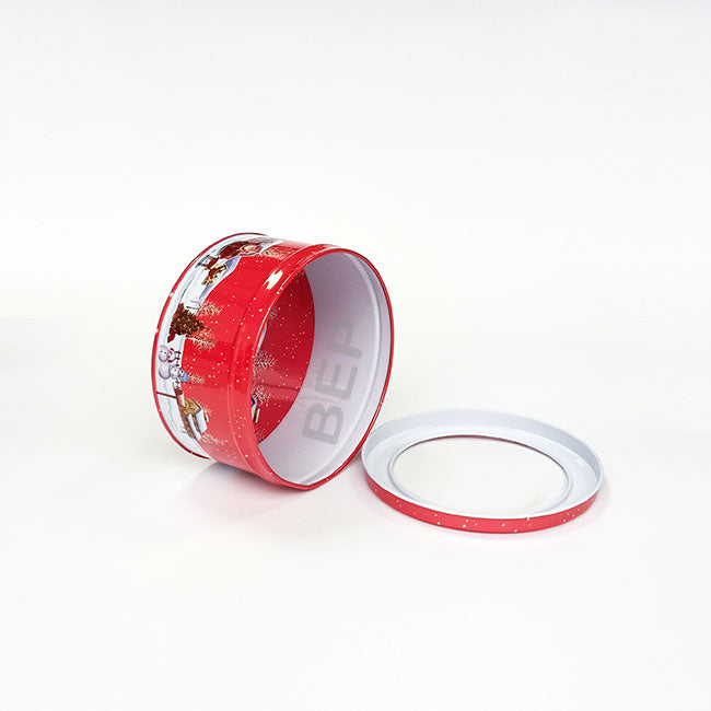 Festive Red Windowed Round Tin for Holiday Delights