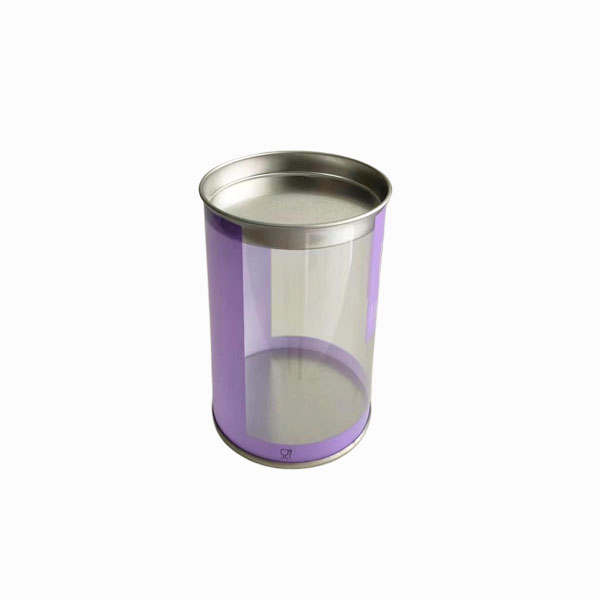 Clear round plastic container with tin lid and base for food storage